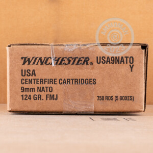 Photo detailing the 9MM NATO WINCHESTER 124 GRAIN FMJ (750 ROUNDS) for sale at AmmoMan.com.