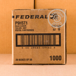 Image of the 9MM LUGER FEDERAL PREMIUM LAW ENFORCEMENT 124 GRAIN HST JHP (1000 ROUNDS) available at AmmoMan.com.