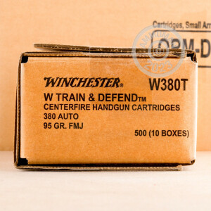 Photo detailing the 380 AUTO WINCHESTER TRAIN & DEFEND 95 GRAIN FMJ (500 ROUNDS) for sale at AmmoMan.com.