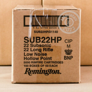 Photo detailing the .22 LR REMINGTON 38 GRAIN HOLLOW POINT SUBSONIC (5000 ROUNDS) for sale at AmmoMan.com.