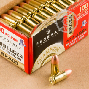 Image of the 9mm - 115 gr FMJ - Federal Champion - 100 Rounds available at AmmoMan.com.