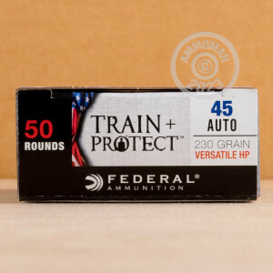Photo detailing the 45 ACP FEDERAL TRAIN + PROTECT 230 GRAIN JHP (500 ROUNDS) for sale at AmmoMan.com.