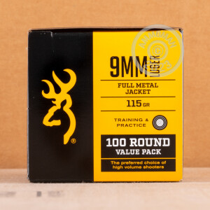 Image of 9mm Luger ammo by Browning that's ideal for training at the range.