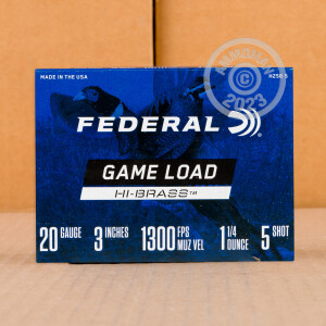 Photo detailing the 20 GAUGE FEDERAL GAME LOAD HI-BRASS 3" 1-1/4 OZ. #5 SHOT (25 ROUNDS) for sale at AmmoMan.com.