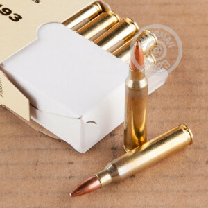 A photograph of 20 rounds of 55 grain 5.56x45mm ammo with a FMJ-BT bullet for sale.