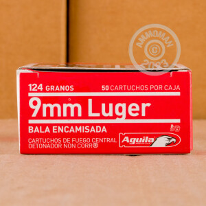 Photo detailing the 9MM LUGER AGUILA 124 GRAIN FMJ (1000 ROUNDS) for sale at AmmoMan.com.