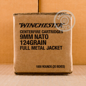 Photo detailing the 9mm NATO Winchester 124 GRAIN FMJ (1000 ROUNDS) for sale at AmmoMan.com.