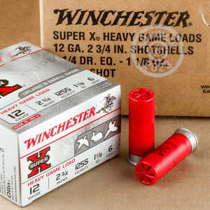Photo detailing the 12 GAUGE WINCHESTER SUPER-X HEAVY GAME LOAD 2 3/4“ 1 1/8 OZ. #6 SHOT (25 ROUNDS) for sale at AmmoMan.com.