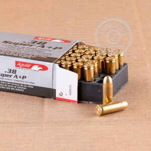 A photograph detailing the 38 Super ammo with FMJ bullets made by Aguila.