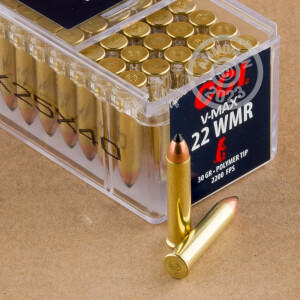 Photograph of .22 WMR ammo with Polymer Tipped ideal for hunting varmint sized game.