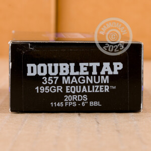 A photograph detailing the 357 Magnum ammo with JHP bullets made by DoubleTap.