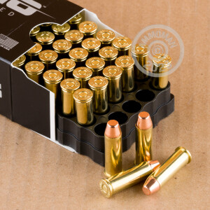 A photograph detailing the 38 Special ammo with TMJ bullets made by Ammo Incorporated.