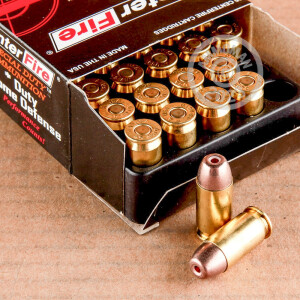A photograph detailing the .45 Automatic ammo with JHP bullets made by SinterFire.