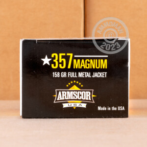A photograph detailing the 357 Magnum ammo with FMJ bullets made by Armscor.