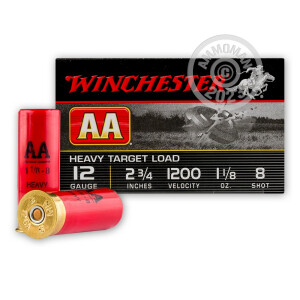 Photo detailing the 12 GAUGE WINCHESTER AA 2 3/4" 1 1/8 OZ #8 LEAD SHOT HEAVY TARGET LOAD (25 ROUNDS) for sale at AmmoMan.com.