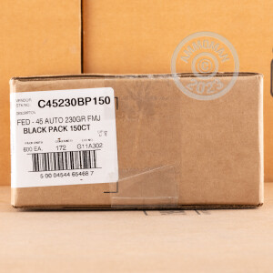 Photo detailing the 45 ACP FEDERAL BLACK PACK 230 GRAIN FMJ (150 ROUNDS) for sale at AmmoMan.com.
