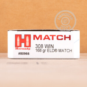 Photograph showing detail of 308 WIN HORNADY MATCH 168 GRAIN ELD MATCH (20 ROUNDS)