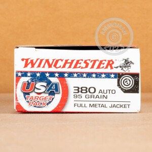 Photo detailing the 380 ACP WINCHESTER USA TARGET PACK 95 GRAIN FMJ (500 ROUNDS) for sale at AmmoMan.com.