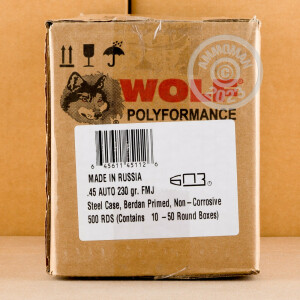 Photo detailing the .45 AUTO WOLF FMJ 230 GRAIN STEEL CASE (500 ROUNDS) for sale at AmmoMan.com.