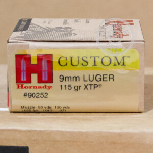 Photograph showing detail of 9MM LUGER HORNADY CUSTOM XTP 115 GRAIN JHP (25 ROUNDS)