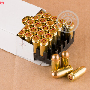 A photograph detailing the 9x18 Makarov ammo with FMJ bullets made by Mesko.
