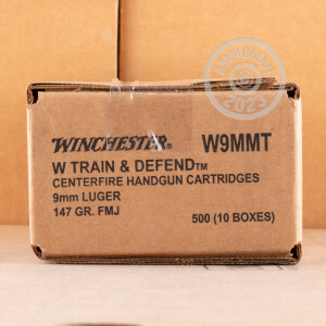 Photo detailing the 9MM LUGER WINCHESTER TRAIN & DEFEND 147 GRAIN FMJ (500 ROUNDS) for sale at AmmoMan.com.