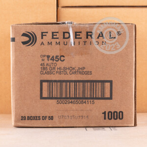 Photo detailing the .45 ACP AUTO FEDERAL 185 GRAIN JHP (1000 ROUNDS) for sale at AmmoMan.com.