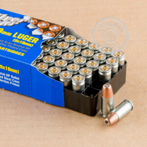 Photo detailing the 9MM LUGER SILVER BEAR 145 GRAIN BIMETAL HP (500 ROUNDS) for sale at AmmoMan.com.