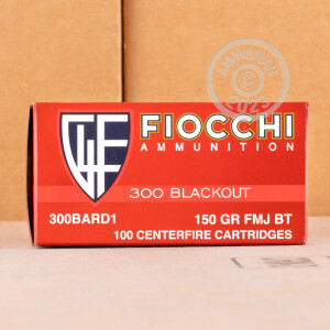 A photograph of 100 rounds of 150 grain 300 AAC Blackout ammo with a FMJ-BT bullet for sale.