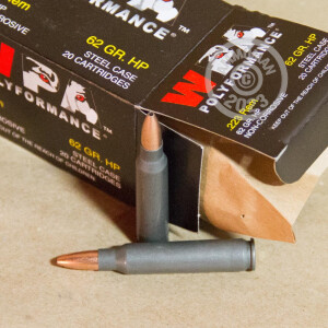 Image of 223 Remington ammo by Wolf that's ideal for home protection, hunting varmint sized game, training at the range.