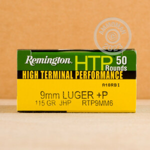 Photo detailing the 9MM LUGER +P REMINGTON HTP 115 GRAIN JHP (50 ROUNDS) for sale at AmmoMan.com.