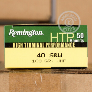 Photo detailing the .40 S&W REMINGTON HTP 180 GRAIN JHP (500 ROUNDS) for sale at AmmoMan.com.