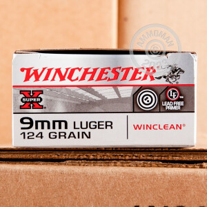 Photo detailing the 9MM LUGER WINCHESTER SUPER-X WINCLEAN 124 GRAIN BEB (500 ROUNDS) for sale at AmmoMan.com.