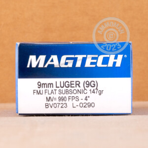 A photograph detailing the 9mm Luger ammo with FMJ bullets made by Magtech.
