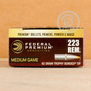 A photograph detailing the 223 Remington ammo with Trophy Bonded Tip bullets made by Federal.
