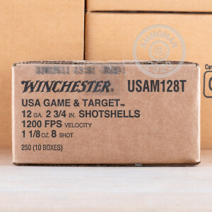 Photo detailing the 12 GAUGE WINCHESTER USA GAME & TARGET 2-3/4" 1-1/8 OZ. #8 SHOT (250 ROUNDS) for sale at AmmoMan.com.