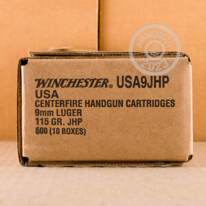 Photograph showing detail of 9MM LUGER WINCHESTER USA 115 GRAIN JHP (50 ROUNDS)