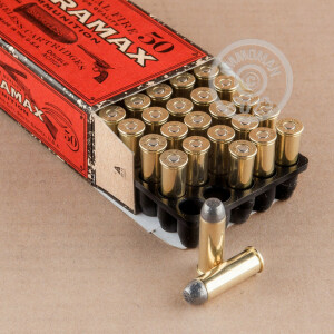 A photograph detailing the 44 Remington Magnum ammo with Lead Flat Nose bullets made by Ultramax.