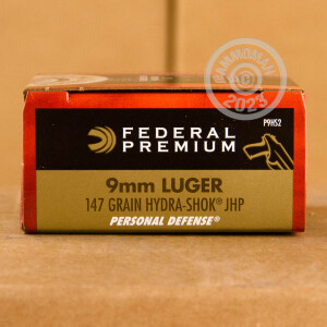 Photo detailing the 9MM FEDERAL PERSONAL DEFENSE 147 GRAIN HYDRA-SHOK JHP (500 ROUNDS) for sale at AmmoMan.com.