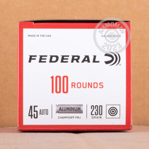 Photo detailing the 45 ACP FEDERAL CHAMPION (ALUMINUM) 230 GRAIN FMJ (100 ROUNDS) for sale at AmmoMan.com.