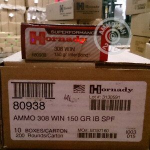 Photograph showing detail of 308 WIN HORNADY SUPERFORMANCE 150 GRAIN INTERBOND (20 ROUNDS)