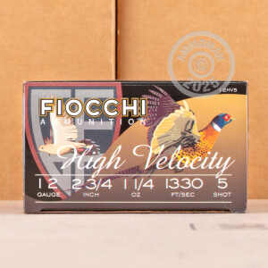 Photo detailing the 12 GAUGE FIOCCHI HIGH VELOCITY 2-3/4“ 1-1/4 OZ. #5 SHOT (25 ROUNDS) for sale at AmmoMan.com.