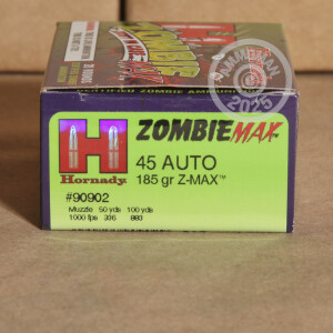 Photograph showing detail of 45 ACP HORNADY Z-MAX ZOMBIE 185 GRAIN JHP (20 ROUNDS)