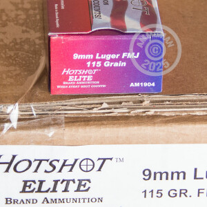 A photograph of 50 rounds of 115 grain 9mm Luger ammo with a FMJ bullet for sale.