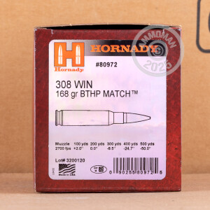 Photograph showing detail of 308 WIN HORNADY MATCH 168 GRAIN HPBT (500 ROUNDS)