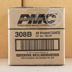 A photograph of 500 rounds of 147 grain 308 / 7.62x51 ammo with a FMJ-BT bullet for sale.