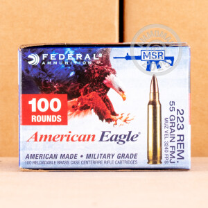 A photograph detailing the 223 Remington ammo with FMJ-BT bullets made by Federal.