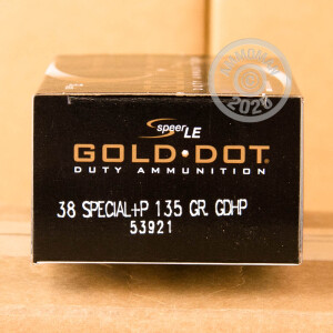 Photo detailing the 38 SPECIAL +P SPEER GOLD DOT 135 GRAIN JHP (50 ROUNDS) for sale at AmmoMan.com.