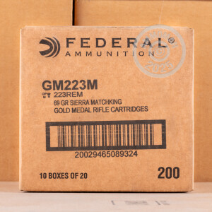 Photo detailing the 223 REMINGTON FEDERAL PREMIUM SIERRA MATCHKING GOLD METAL 69 GRAIN BTHP (20 ROUNDS) for sale at AmmoMan.com.