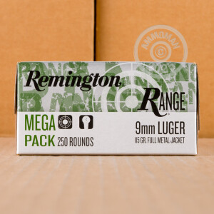 Photo detailing the 9MM REMINGTON RANGE 115 GRAIN FMJ (500 ROUNDS) for sale at AmmoMan.com.